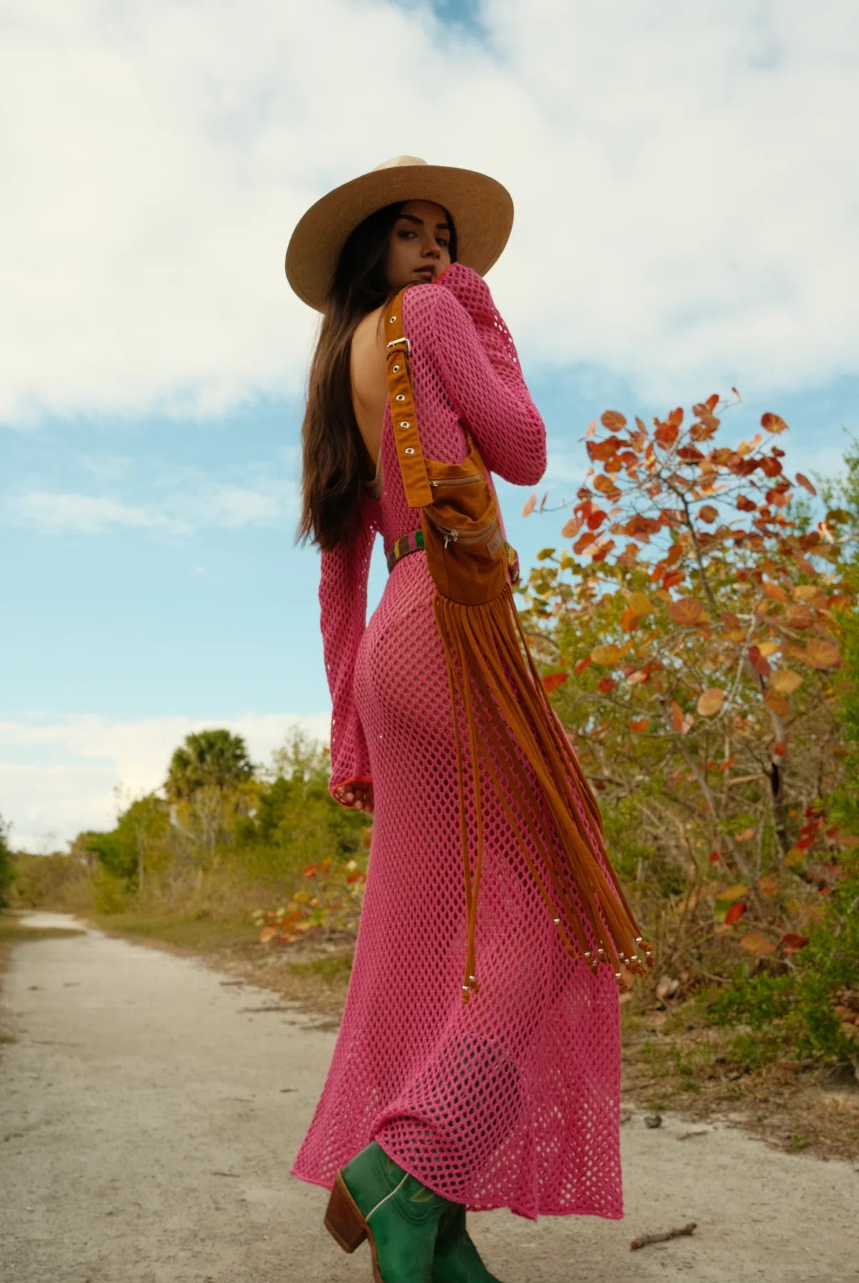 Crochet U-Back Maxi Dress Hot Pink