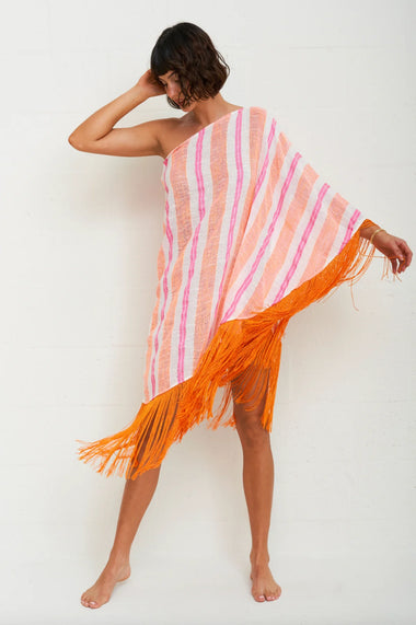 Fringed One Shoulder Kaftan Hot Pink