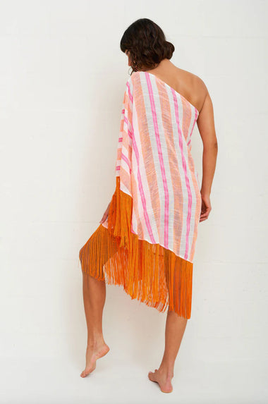 Fringed One Shoulder Kaftan Hot Pink