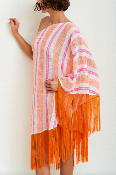 Fringed One Shoulder Kaftan Hot Pink