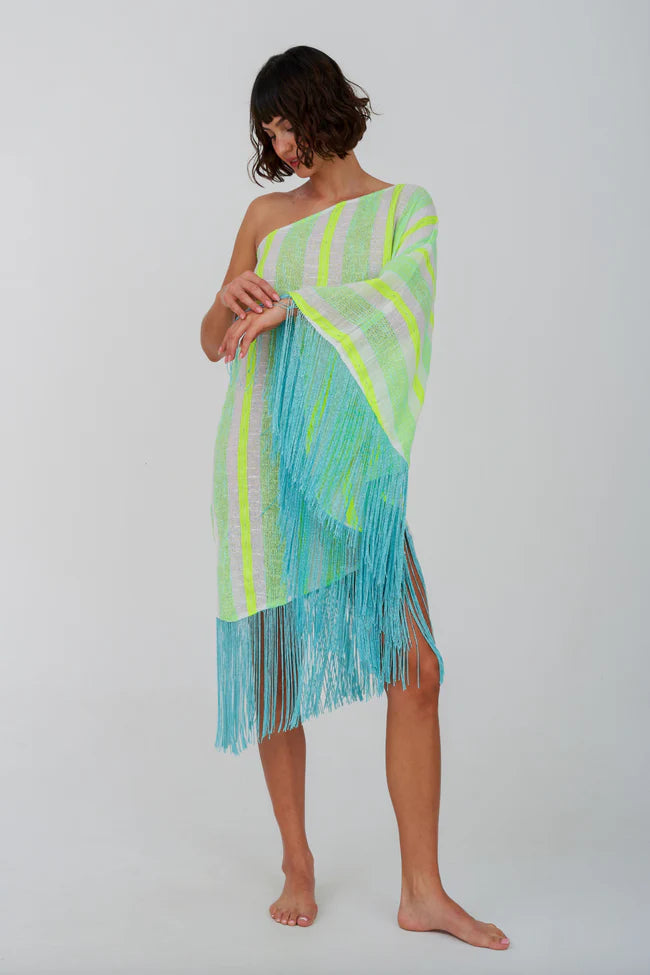 Fringed One Shoulder Kaftan Neon Yellow