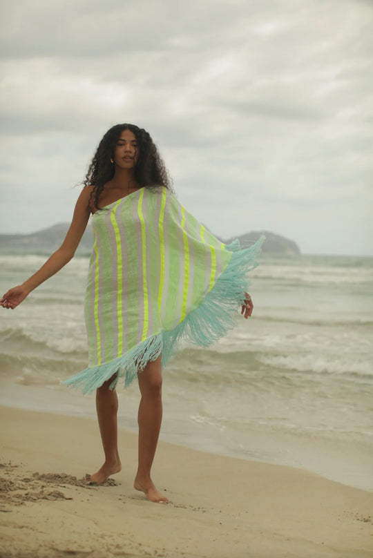 Load image into Gallery viewer, Fringed One Shoulder Kaftan Neon Yellow

