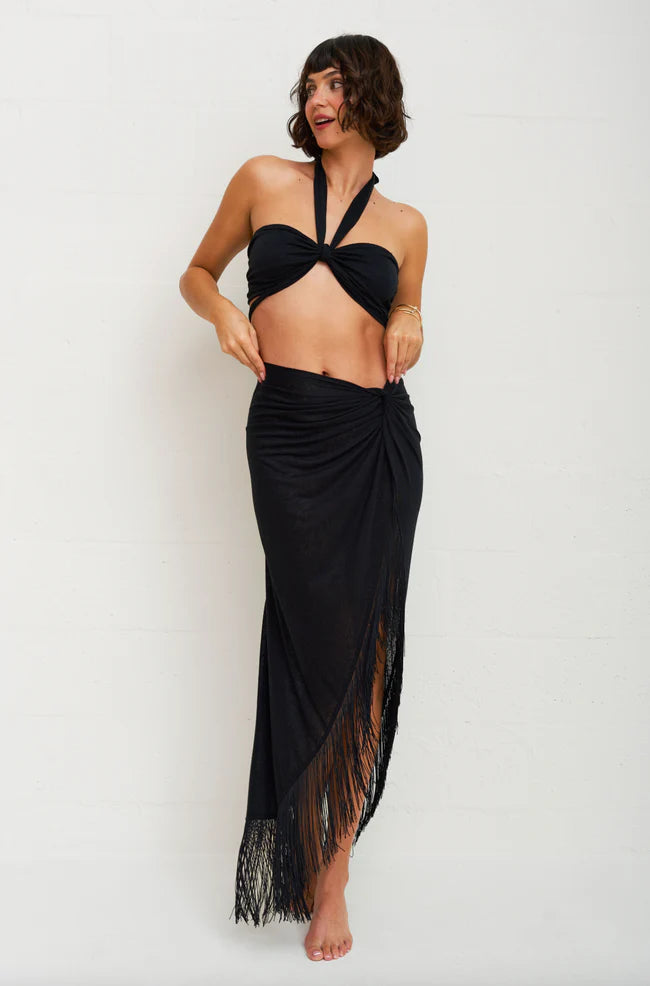 Load image into Gallery viewer, Fringed Sarong Skirt Black
