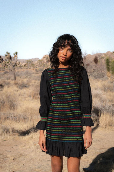 Smocked Long Sleeve Mini Dress Black