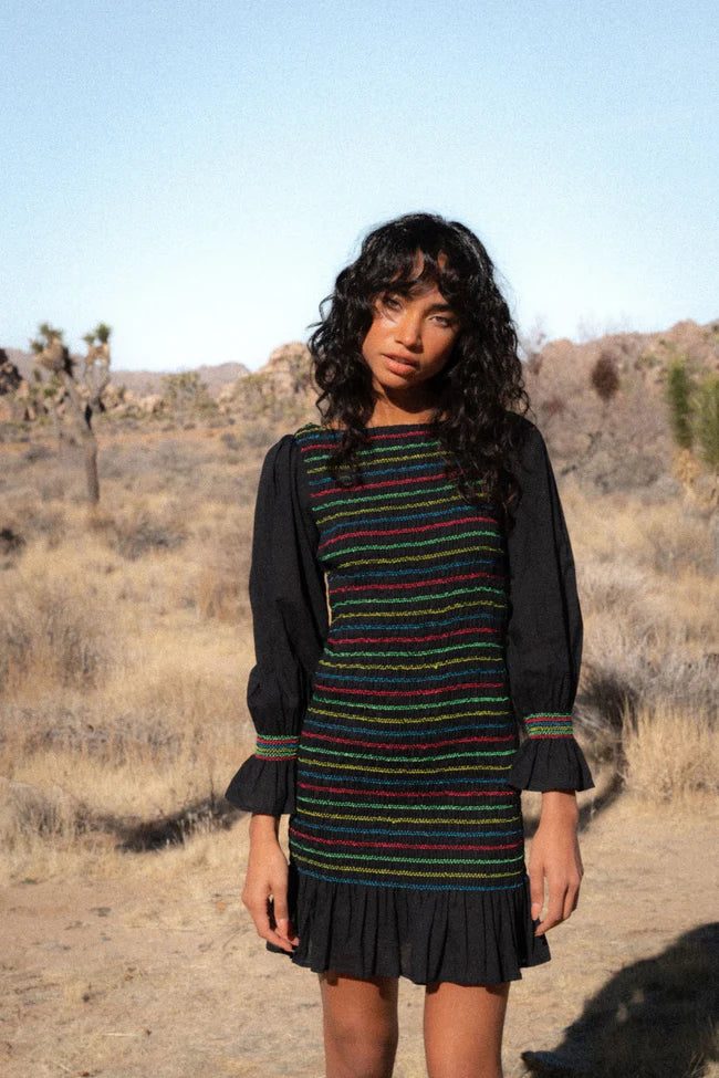 Smocked Long Sleeve Mini Dress Black