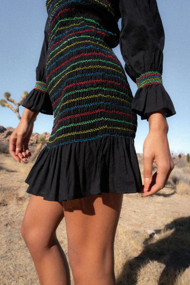 Smocked Long Sleeve Mini Dress Black