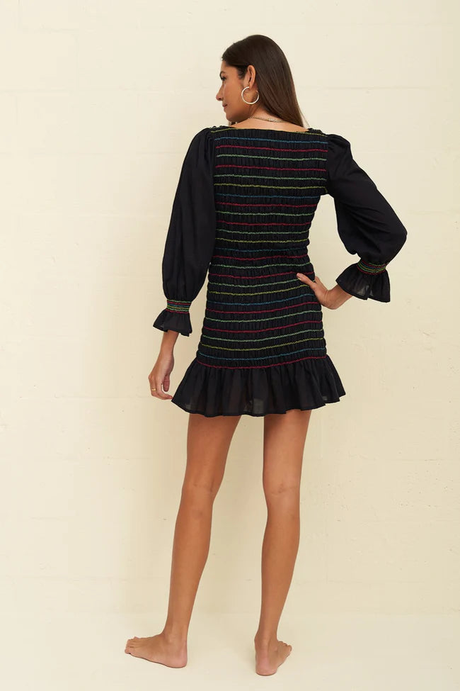 Load image into Gallery viewer, Smocked Long Sleeve Mini Dress Black
