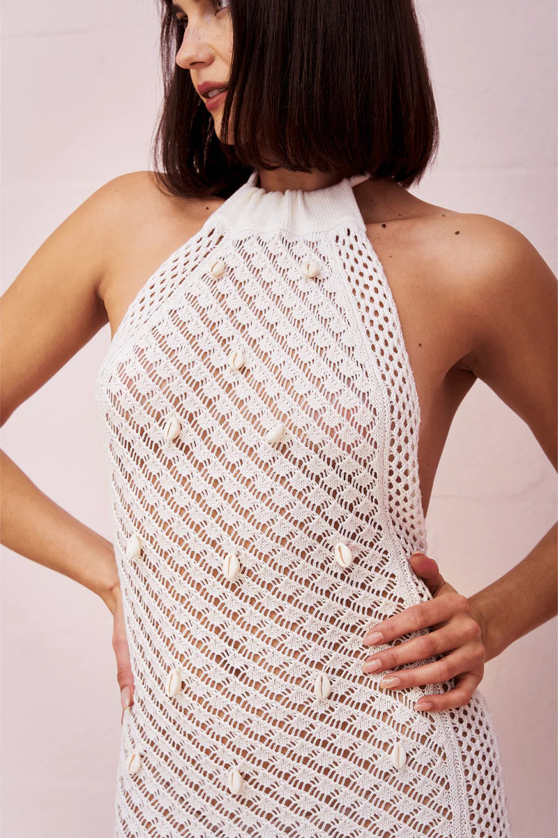 Load image into Gallery viewer, Puka Shell Crochet Mini Ecru - Dress
