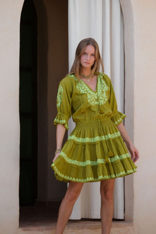 Load image into Gallery viewer, Amante Khaki Lime Mini Dress - Dress
