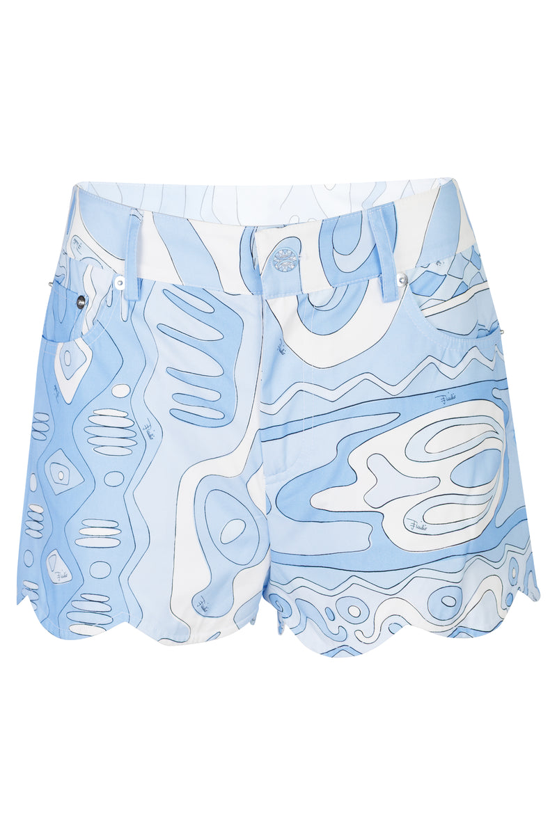Angoli Print Scallop Trim Shorts Pale Blue