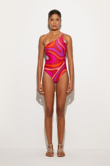 Asymmetrical Marble Print One-Piece Swimsuit Corallo/Fuxia