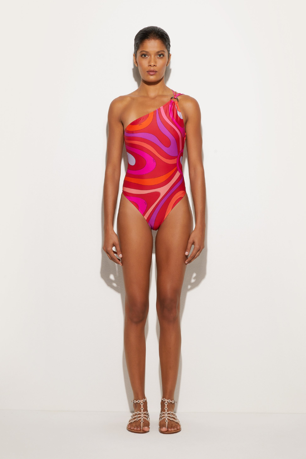 Load image into Gallery viewer, Asymmetrical Marble Print One-Piece Swimsuit Corallo/Fuxia
