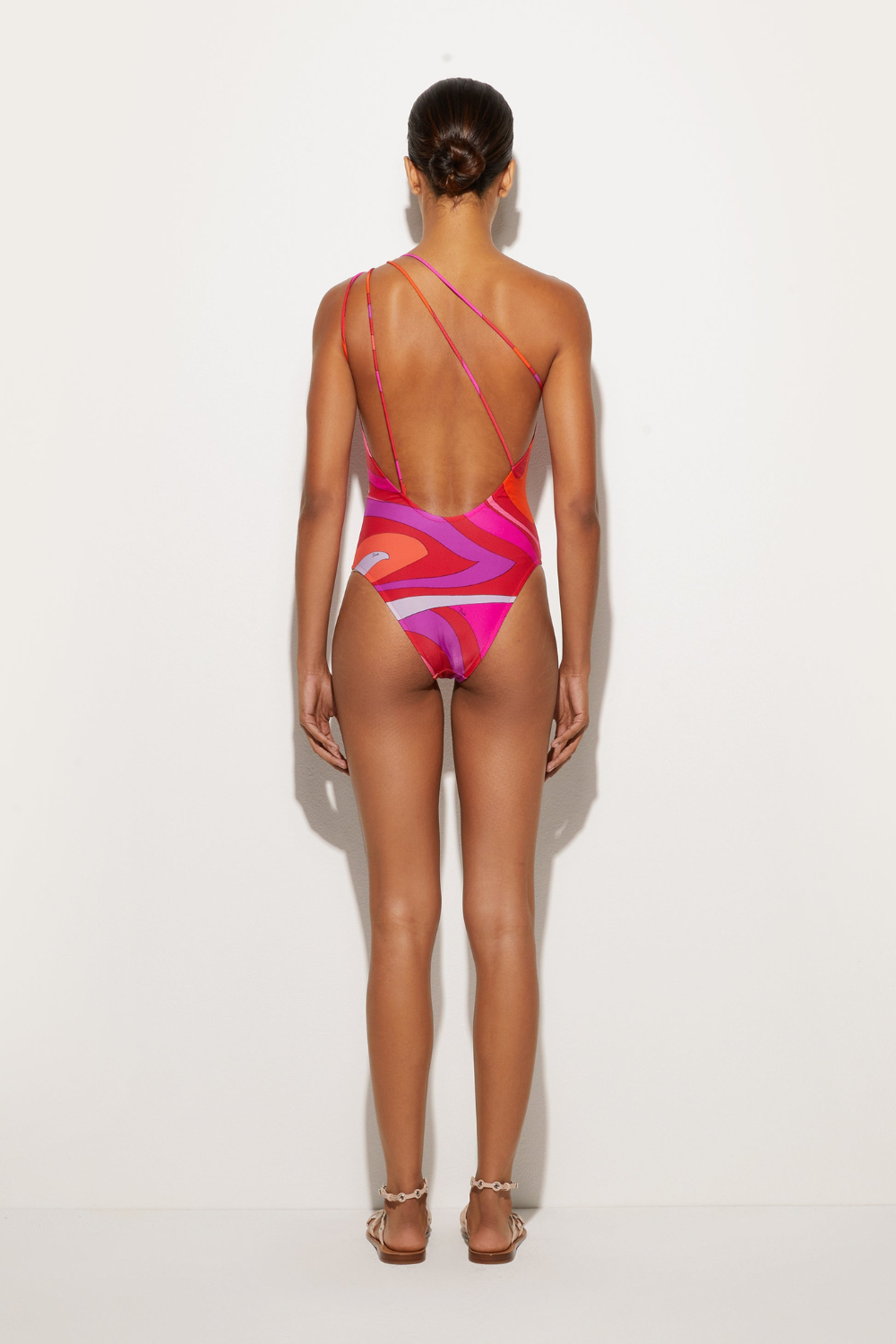 Load image into Gallery viewer, Asymmetrical Marble Print One-Piece Swimsuit Corallo/Fuxia
