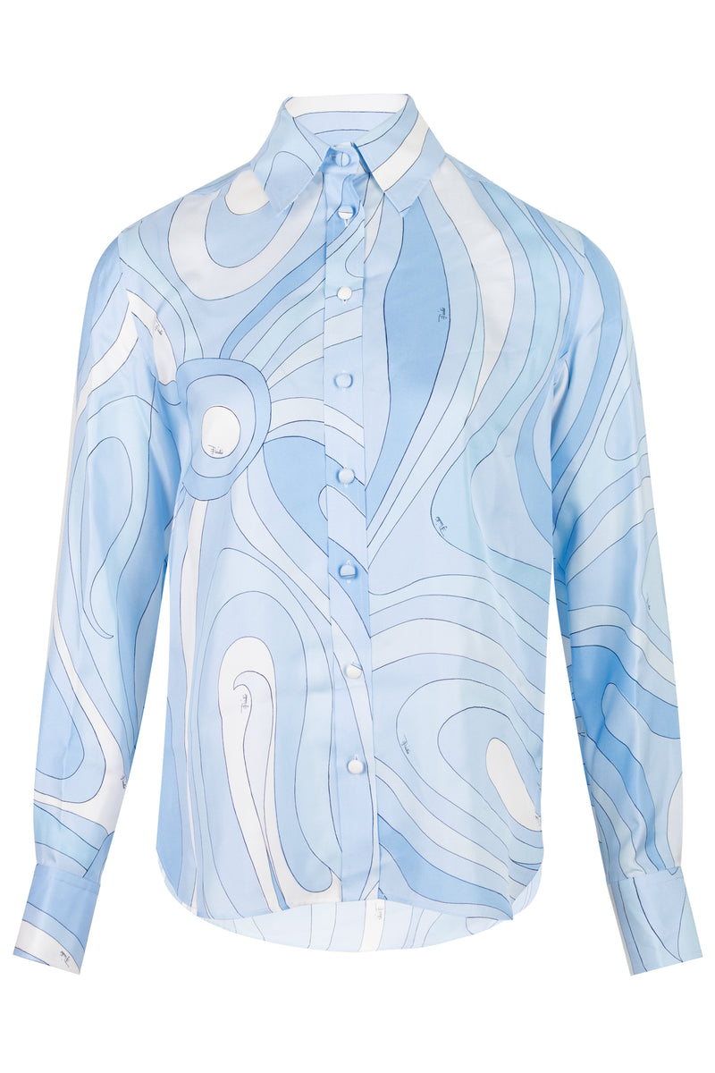 Marmo Print Silk Shirt Pale Blue