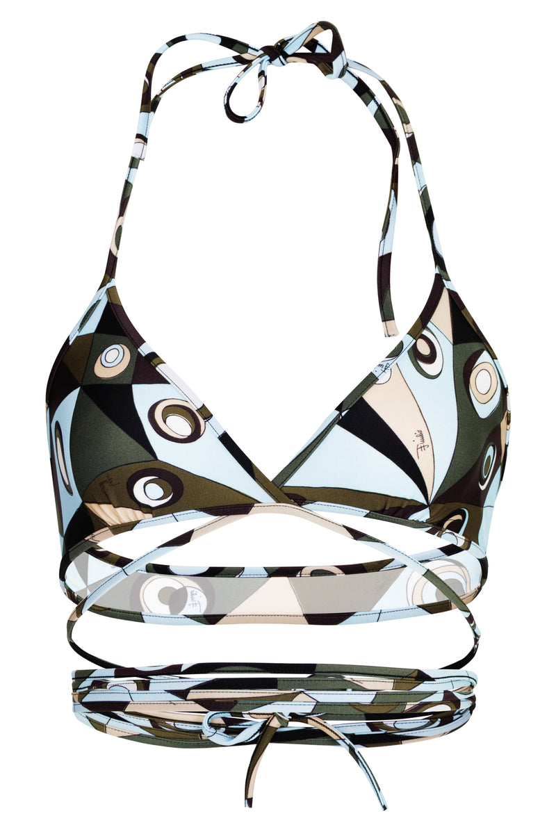 Occhi Print Triangle Bikini Top Khaki Blue