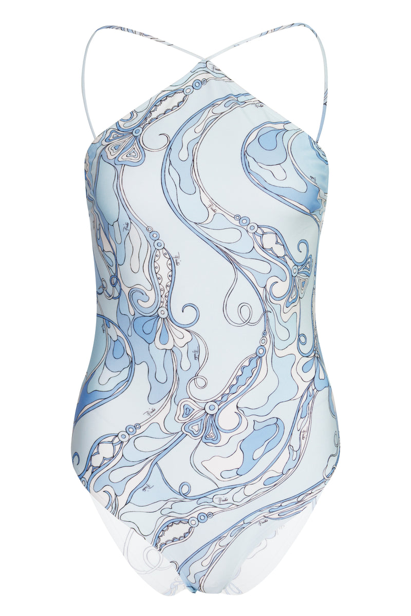 Orchidee Print Cross-Strap Swimsuit Pale Blue