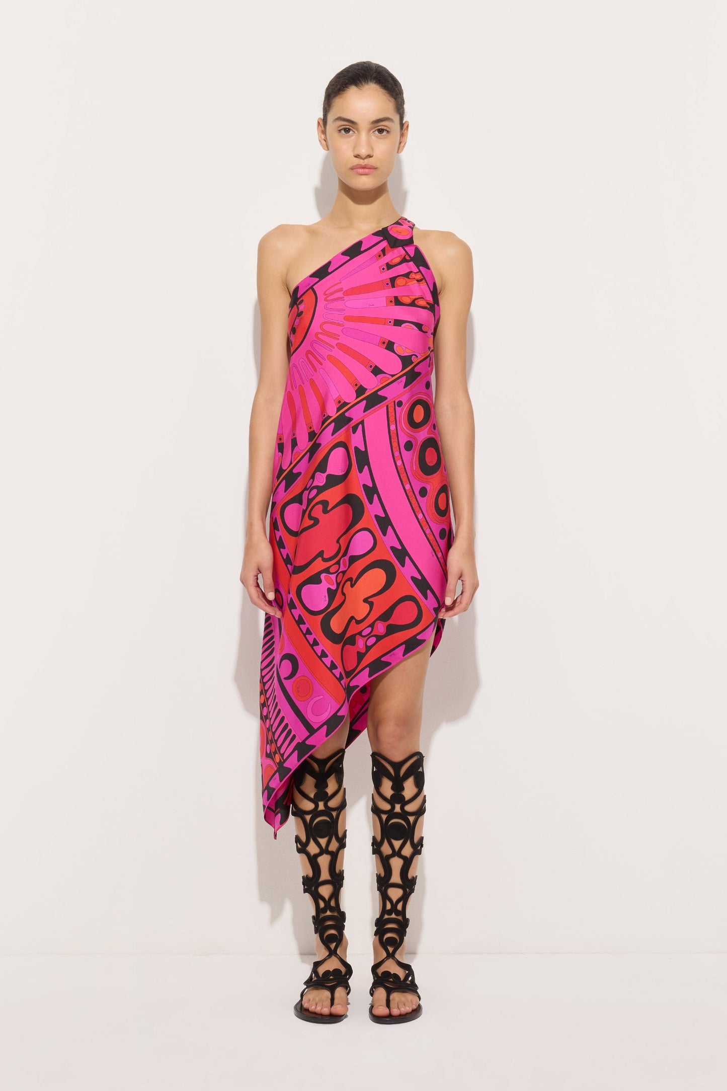 Load image into Gallery viewer, Soleil Print One-Shoulder Dress Fuchsia Black
