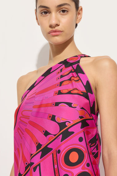 Soleil Print One-Shoulder Dress Fuchsia Black