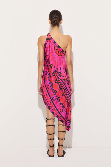 Soleil Print One-Shoulder Dress Fuchsia Black