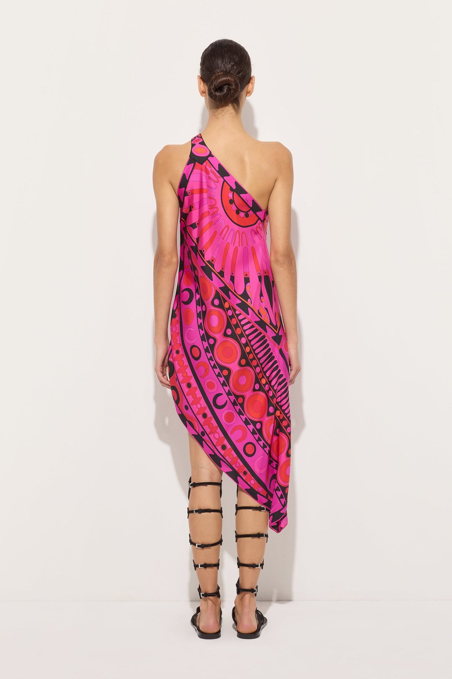 Load image into Gallery viewer, Soleil Print One-Shoulder Dress Fuchsia Black
