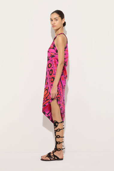 Soleil Print One-Shoulder Dress Fuchsia Black