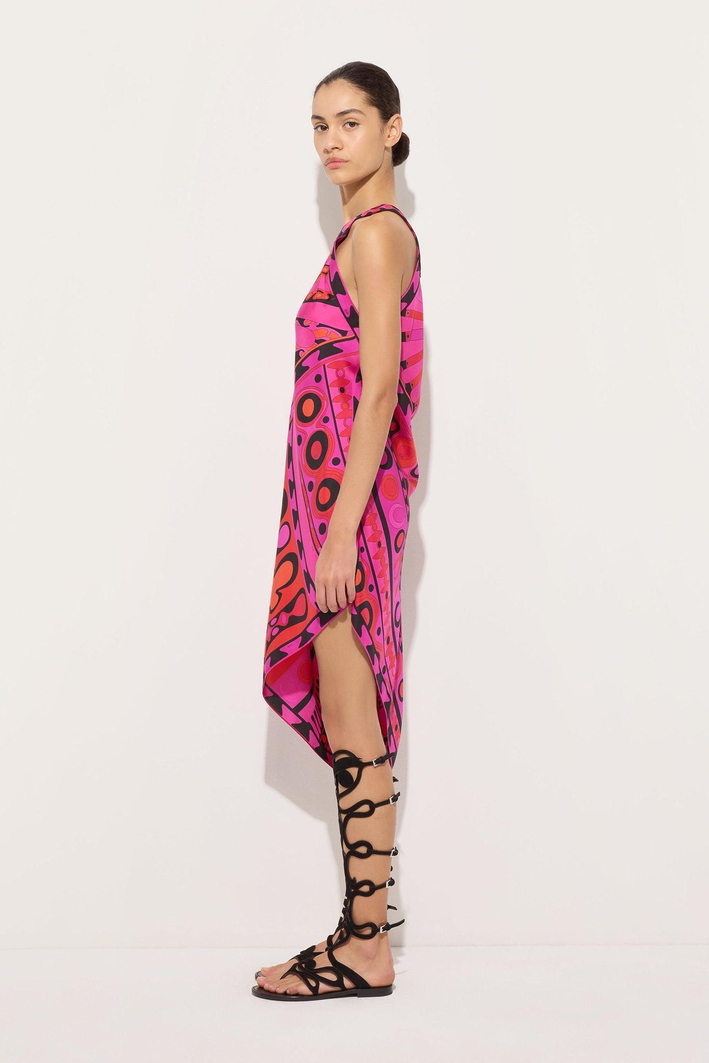 Load image into Gallery viewer, Soleil Print One-Shoulder Dress Fuchsia Black

