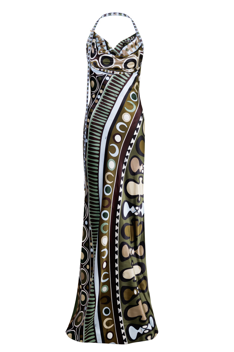 Soleil Print Satin Dress Khaki Blue