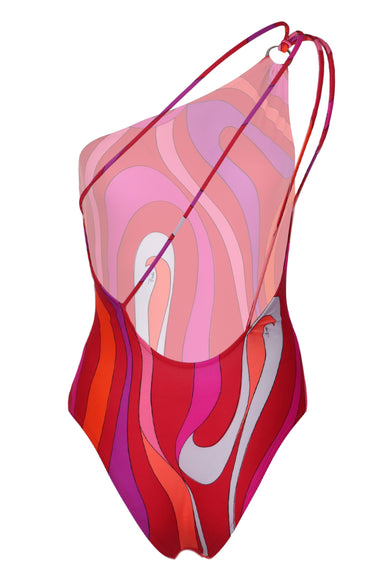 Asymmetrical Marble Print One-Piece Swimsuit Corallo/Fuxia
