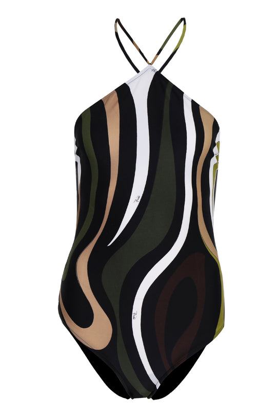 One-Piece Swimsuit with Crossed Straps in Marble Print