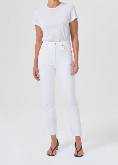 White Cropped Jeans with Frayed Hem