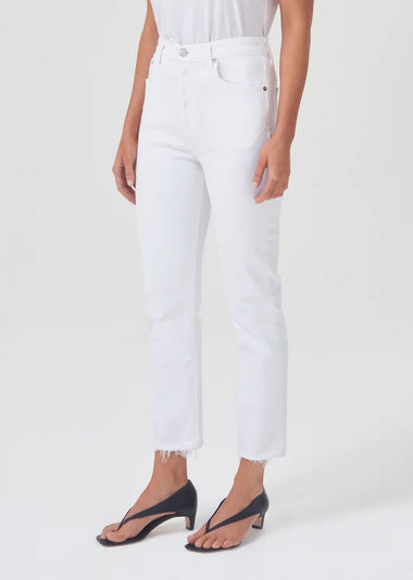 Womens White Crop Jeans with Raw Hem