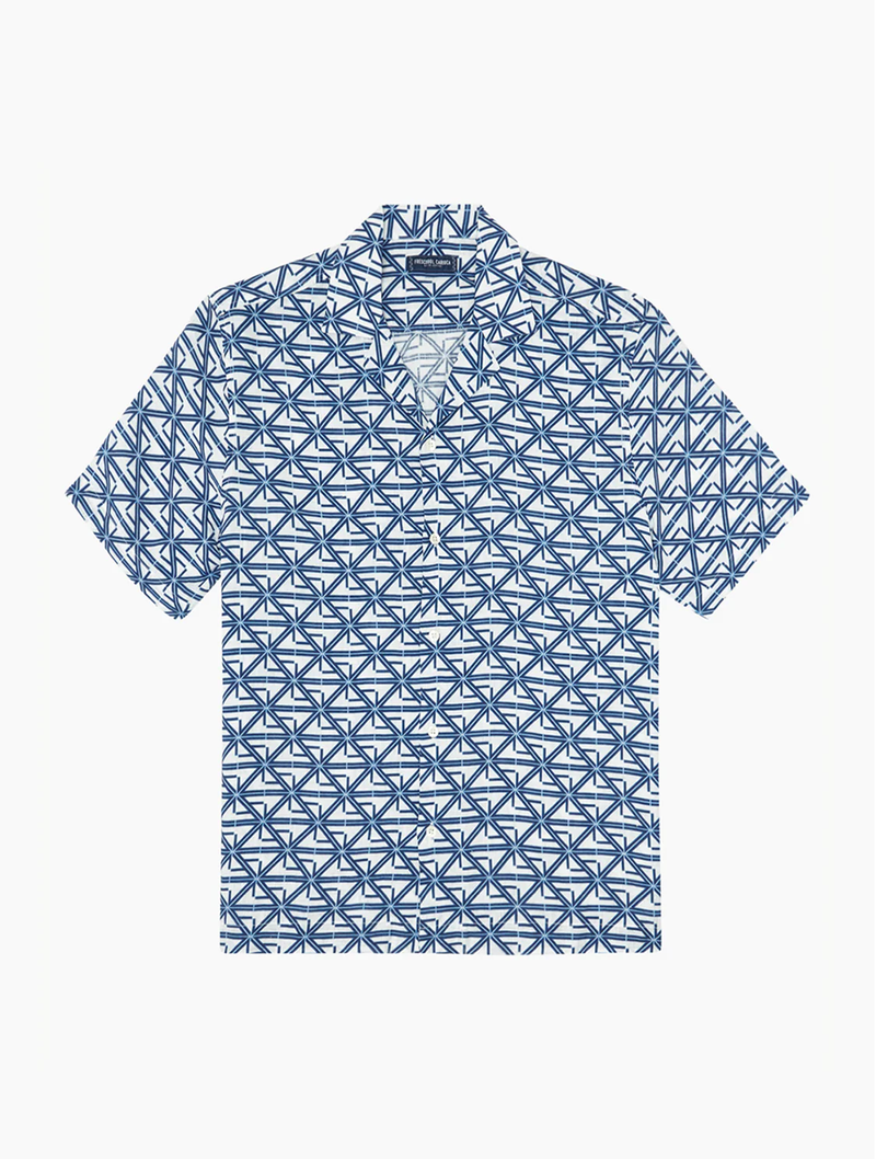 Roberto FC Monogram Print Linen Shirt White/Ocean Blue