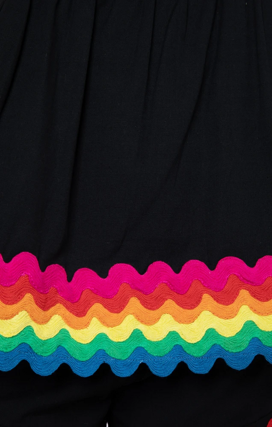 Baby Doll Top with Rainbow Ric Rac Trim - Lined Black/Rainbow Bright