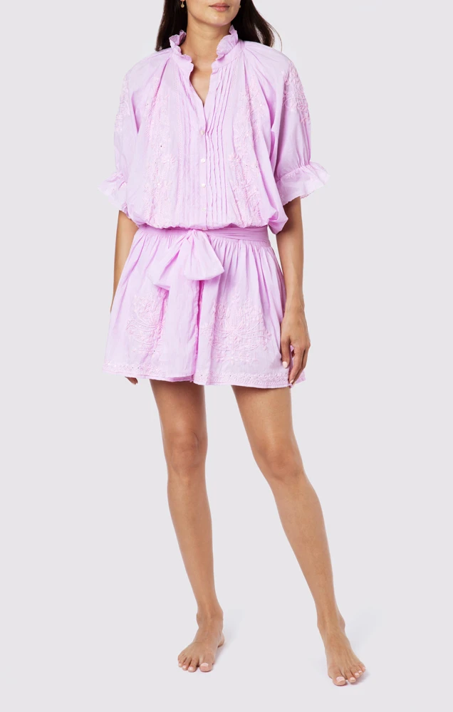 Blouson Dress With Tonal Lotus Embroidery Sugar Almond Acid Wash