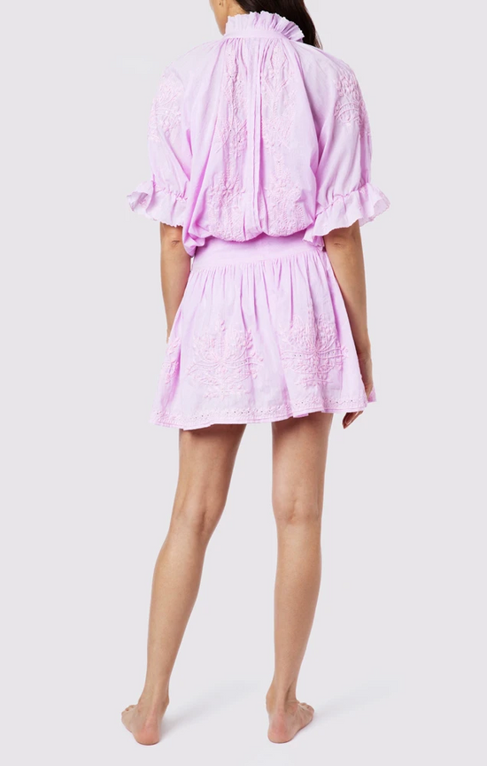 Blouson Dress With Tonal Lotus Embroidery Sugar Almond Acid Wash