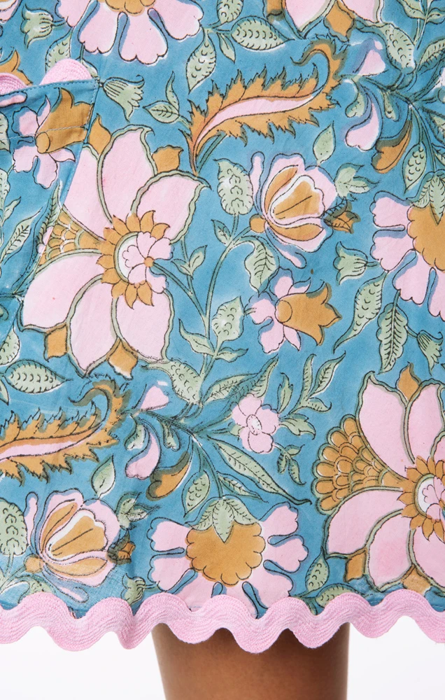 Load image into Gallery viewer, Floral Block Print Low Back Dress with Ric Rac Blue Multi - O/S - Dress
