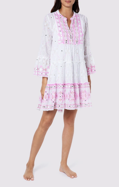 Mosaic Dress: Flared Sleeve with Gold & White Embroidery - Dress