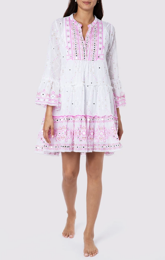 Mosaic Print Flared Sleeve Dress with Mirror Embroidery White Coral Gold