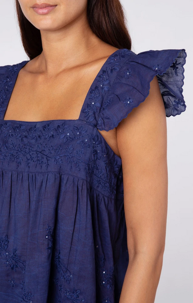 Acid Wash Baby Doll Top With Tonal Lotus Embroidery Indigo - Top