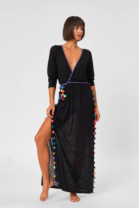 Elegant woman in Black Midi Beach Dress