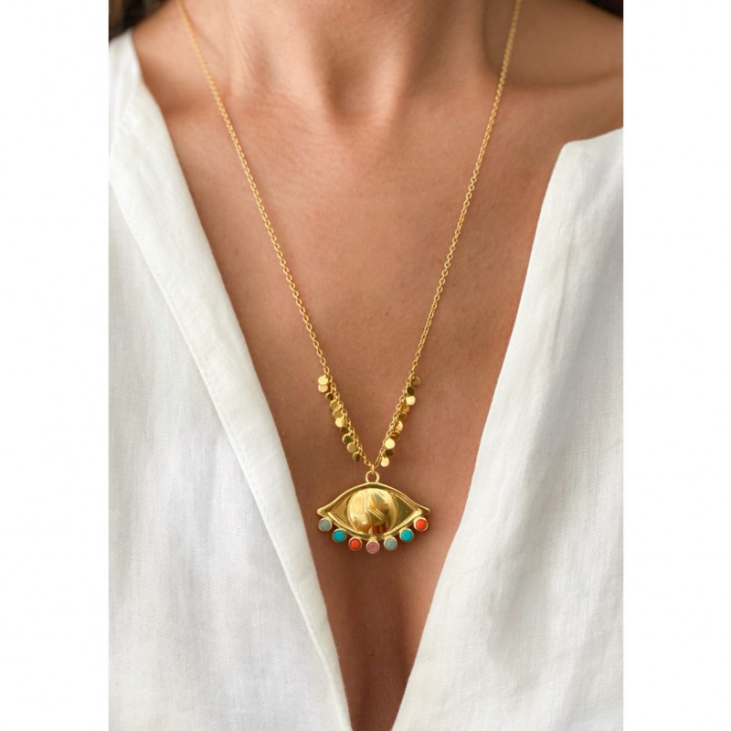 Multicolor Evil Eye Necklace 🌴 Gold Boho Beauty 🐚 Sand Dollar Dubai