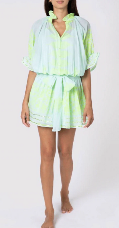 Blouson Dress With Dhaka Print & Silver Trim W/Slip Aqua/Neon Yellow - Dress