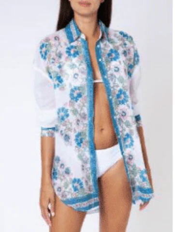 Shirt In Rose Border Print White/Sapphire/Coral - Top