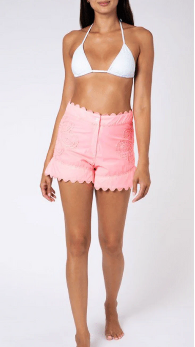 Neon Poplin High Waisted Shorts W/Ric Rac Embro Washed Coral - Shorts