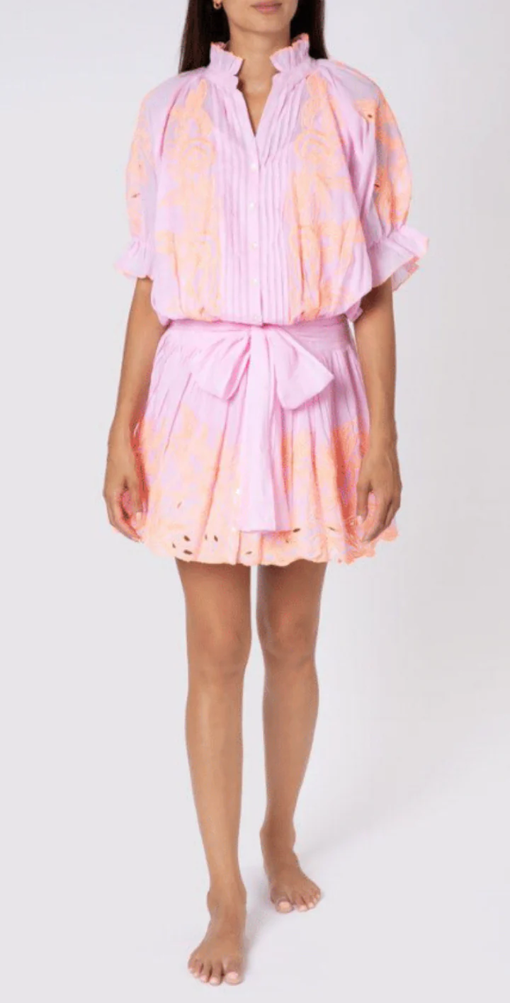 Load image into Gallery viewer, Contrast Cut Out Embro Blouson Dress - With Slip Pale Pink/Neon Peach - Dress
