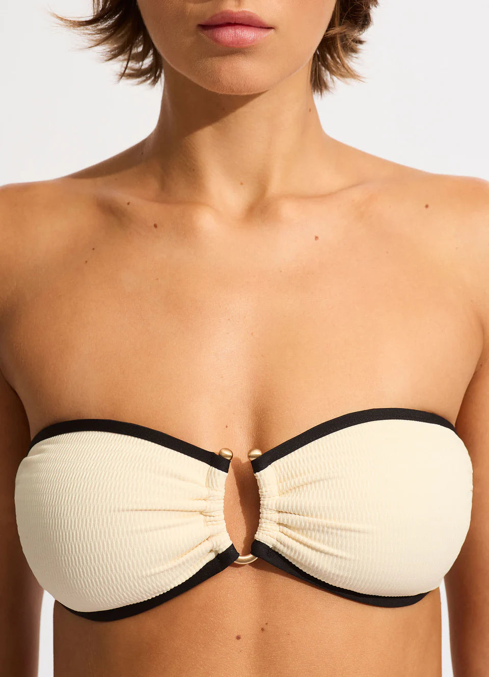 Load image into Gallery viewer, Beach Bound Ring Front Bandeau Bikini Top Ecru
