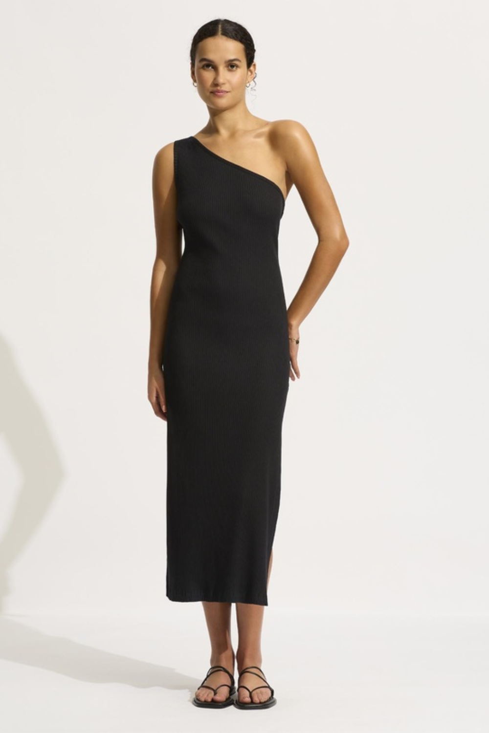 Load image into Gallery viewer, Jersey Rib One Shoulder Dress Black
