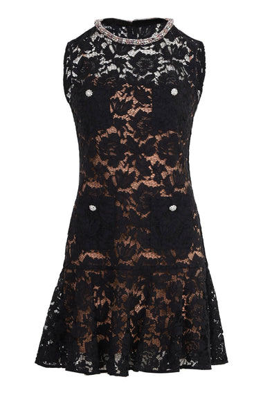 Black Lace Crystal Mini Dress