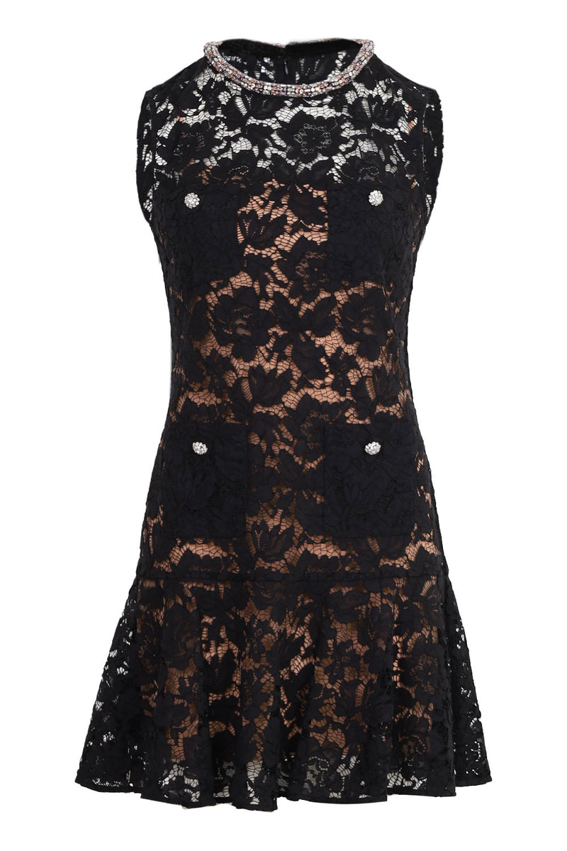 Black Lace Crystal Mini Dress