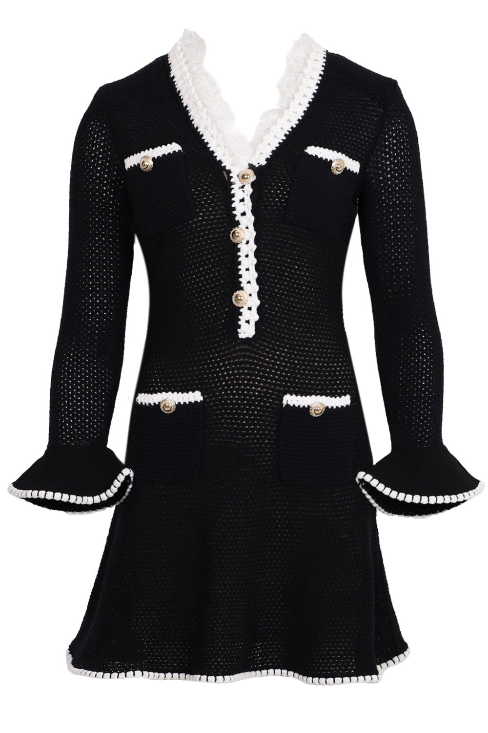 Load image into Gallery viewer, Black Lace Trim Knit Mini Dress
